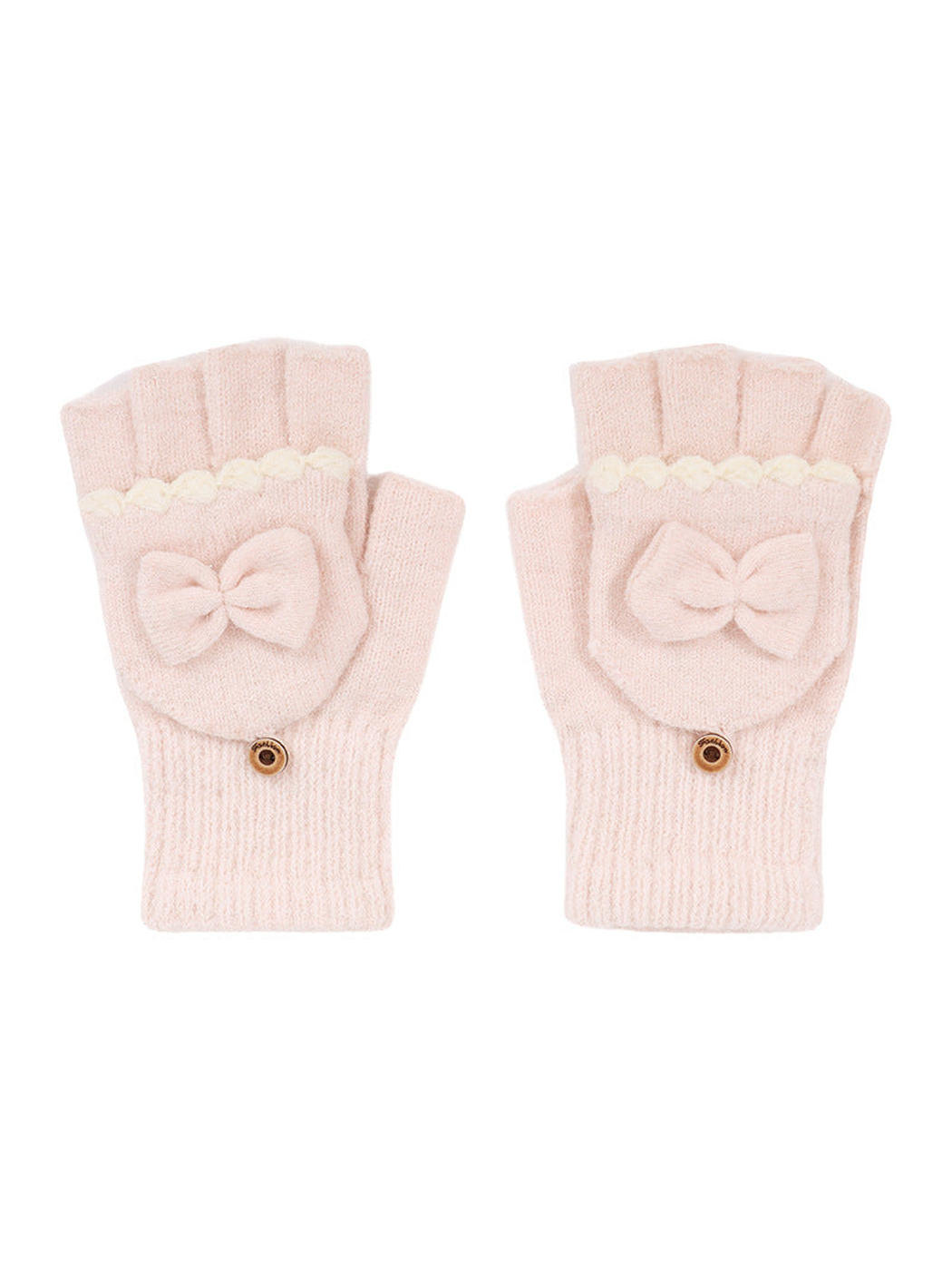 Light pink convertible fingerless gloves with bow appliqués