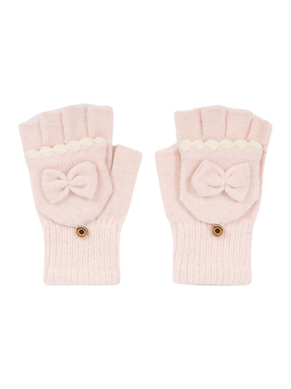 Light pink convertible fingerless gloves with bow appliqués