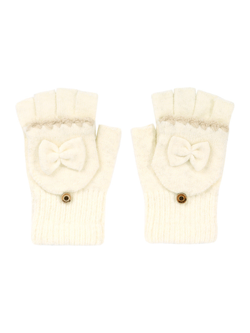 Ivory convertible fingerless gloves with bow appliqués