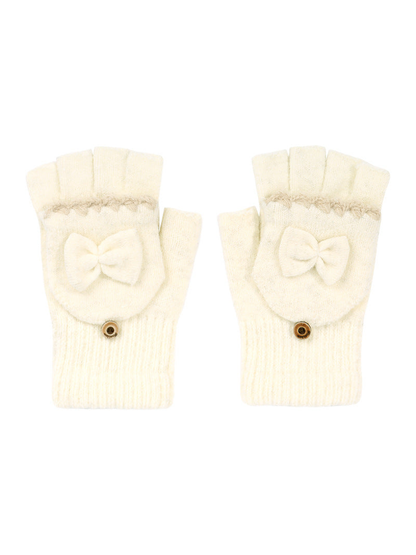 Ivory convertible fingerless gloves with bow appliqués