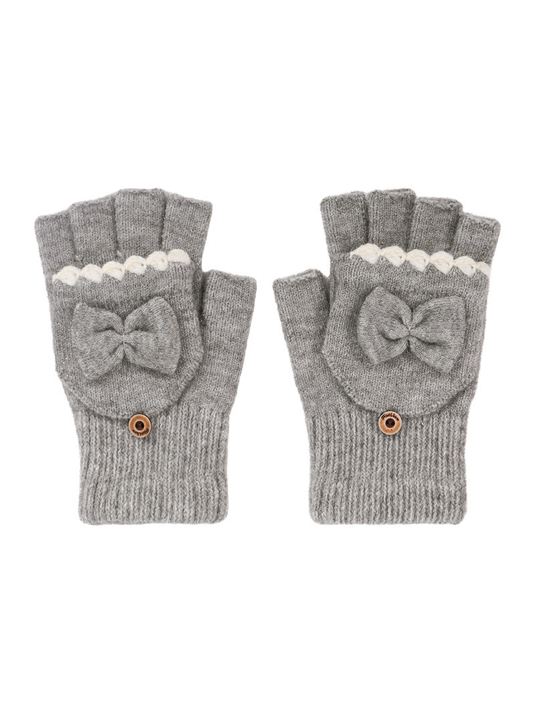 Heather gray convertible fingerless gloves with bow appliqués