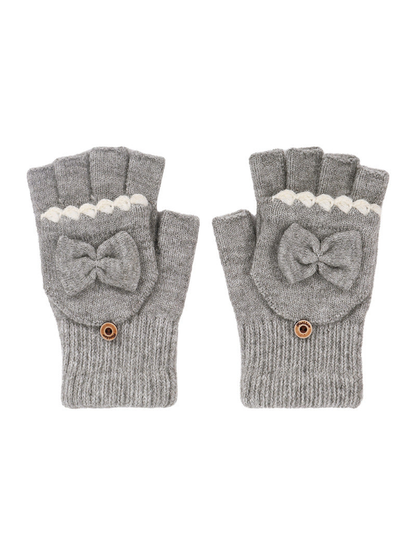 Heather gray convertible fingerless gloves with bow appliqués