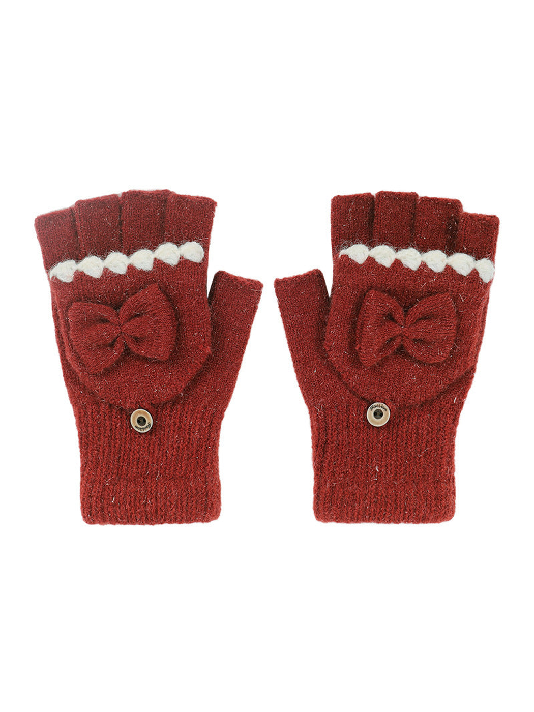 Burgundy convertible fingerless gloves with bow appliqués