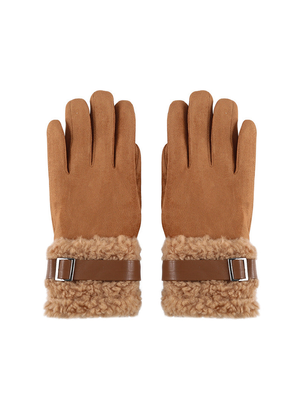 Brown gloves with fuzzy extended cuffs and buckle straps