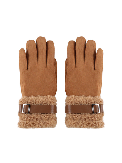 Brown gloves with fuzzy extended cuffs and buckle straps