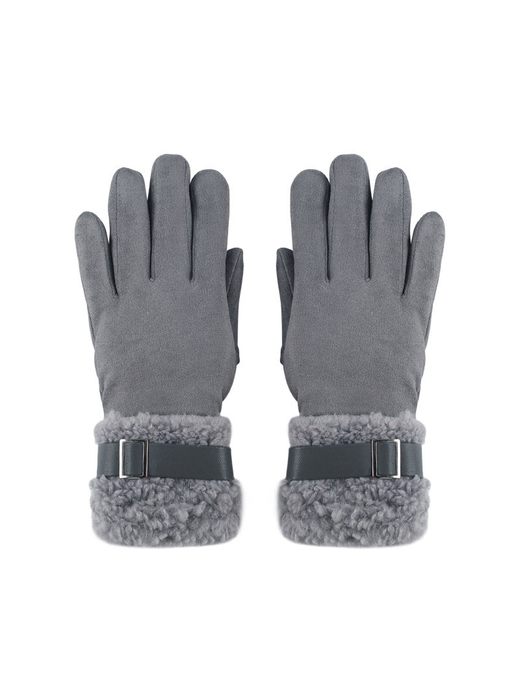 Gray gloves with fuzzy extended cuffs and buckle straps
