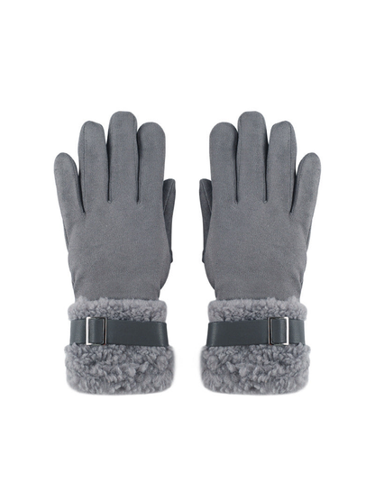 Gray gloves with fuzzy extended cuffs and buckle straps
