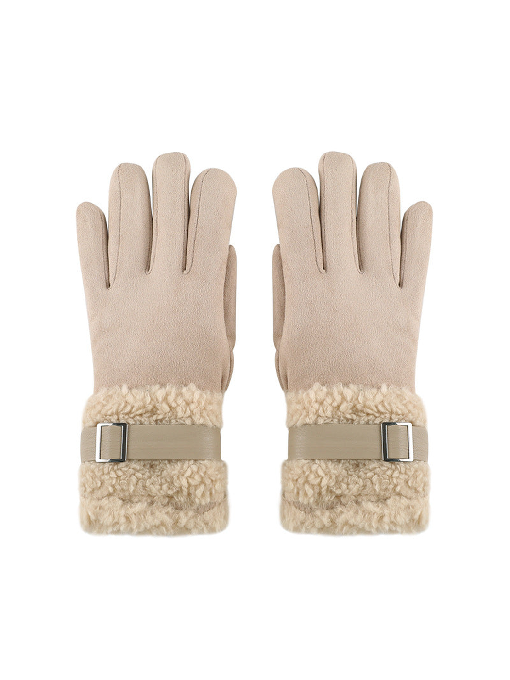 Beige gloves with fuzzy extended cuffs and buckle straps