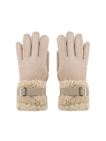 Beige gloves with fuzzy extended cuffs and buckle straps