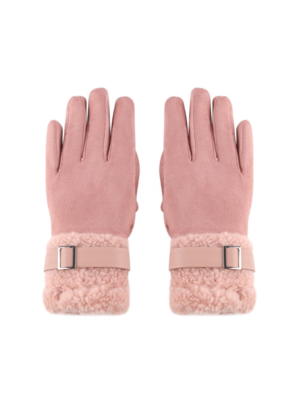 Pink gloves with fuzzy extended cuffs and buckle straps