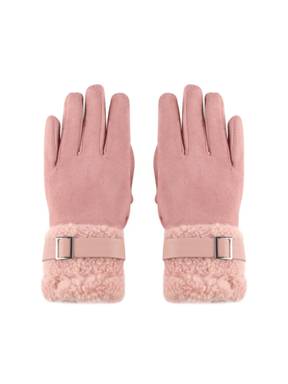Pink gloves with fuzzy extended cuffs and buckle straps