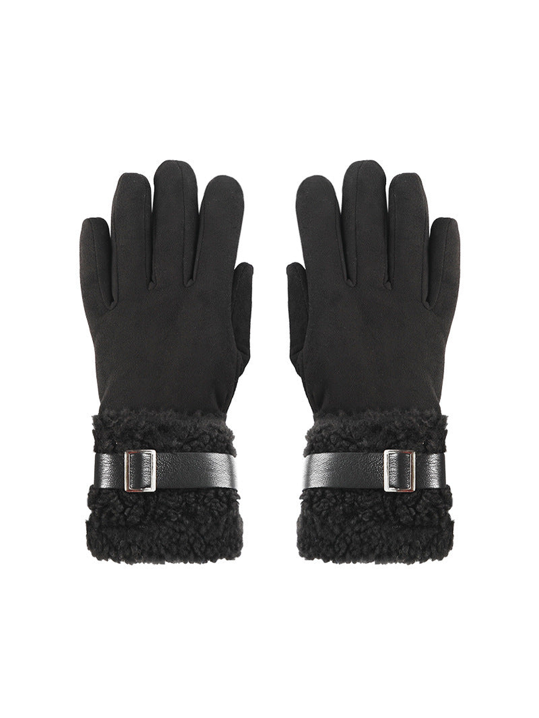 Black gloves with fuzzy extended cuffs and buckle straps