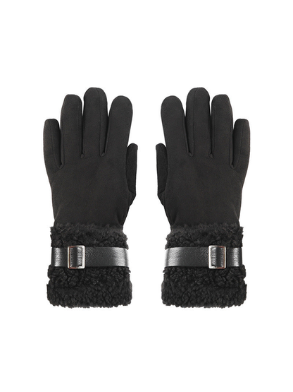 Black gloves with fuzzy extended cuffs and buckle straps