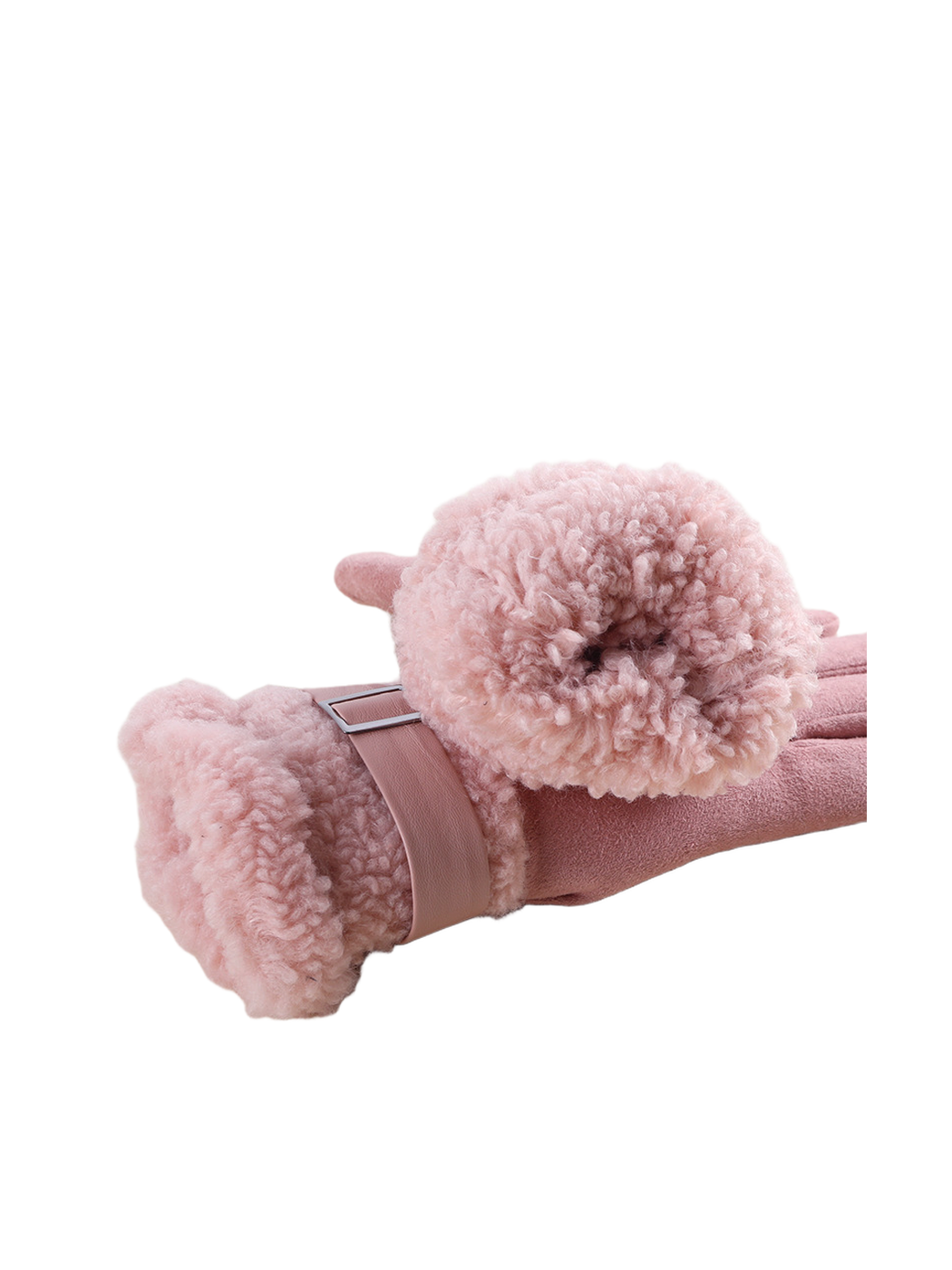 Close-up of the pink glove's thick fuzzy cuff and buckle strap