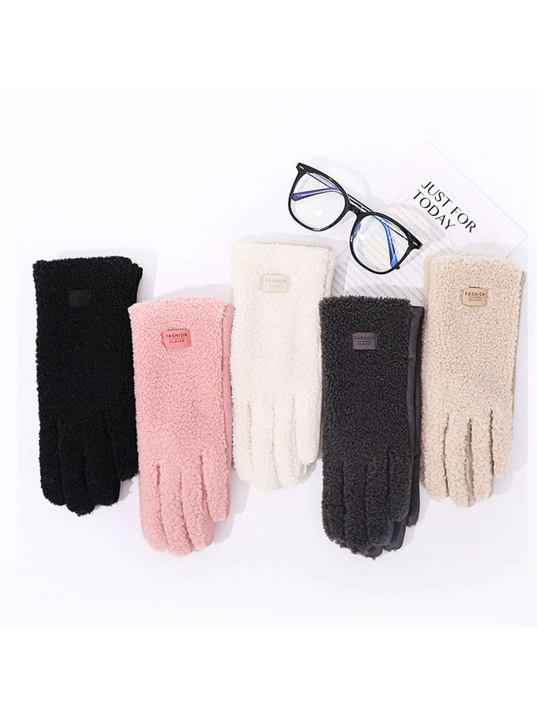 Black, pink, ivory, dark gray and beige gloves displayed together