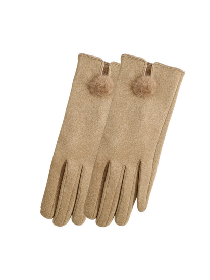 Camel gloves with split cuffs and pom-pom accents