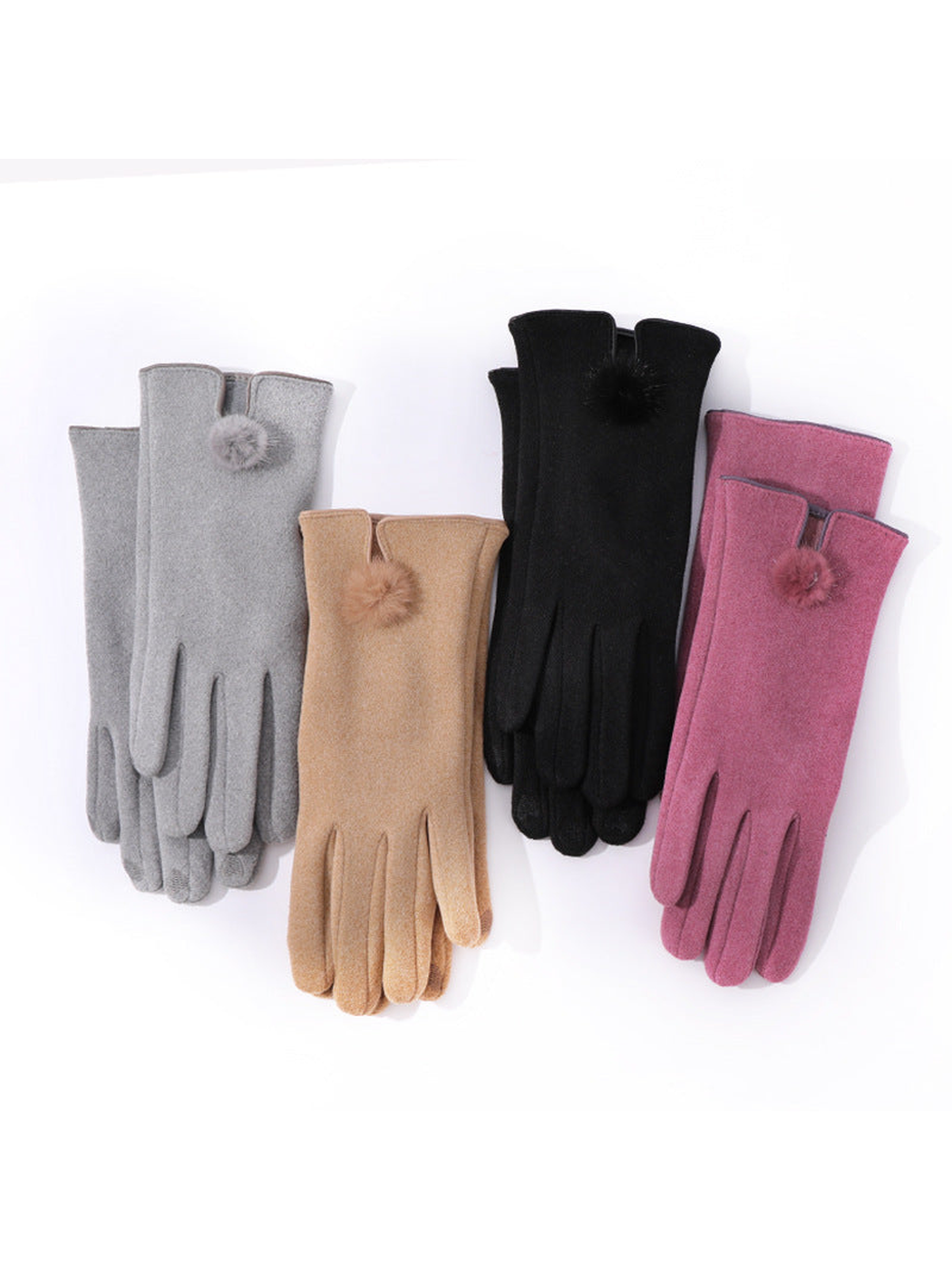 Gray, camel, black and purple pom-pom gloves displayed together