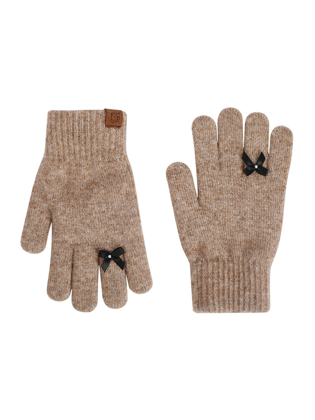 Camel knit gloves with black bow accents, front and back views