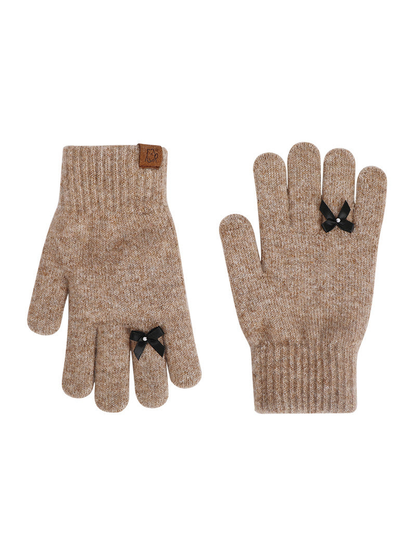 Camel knit gloves with black bow accents, front and back views