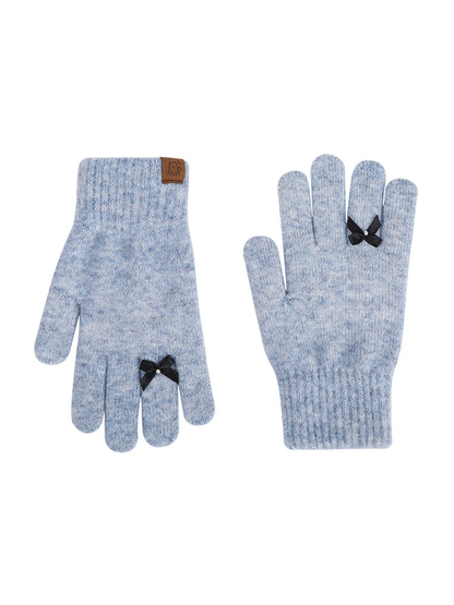 Light blue knit gloves with black bow accents, front and back views