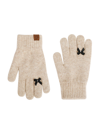 Cream knit gloves with black bow accents, front and back views