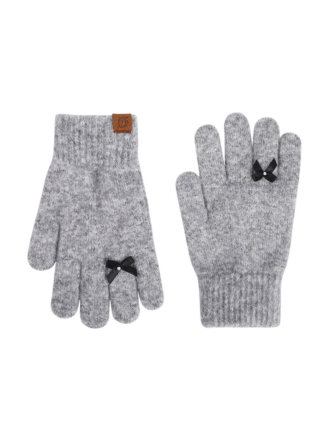 Gray knit gloves with black bow accents, front and back views