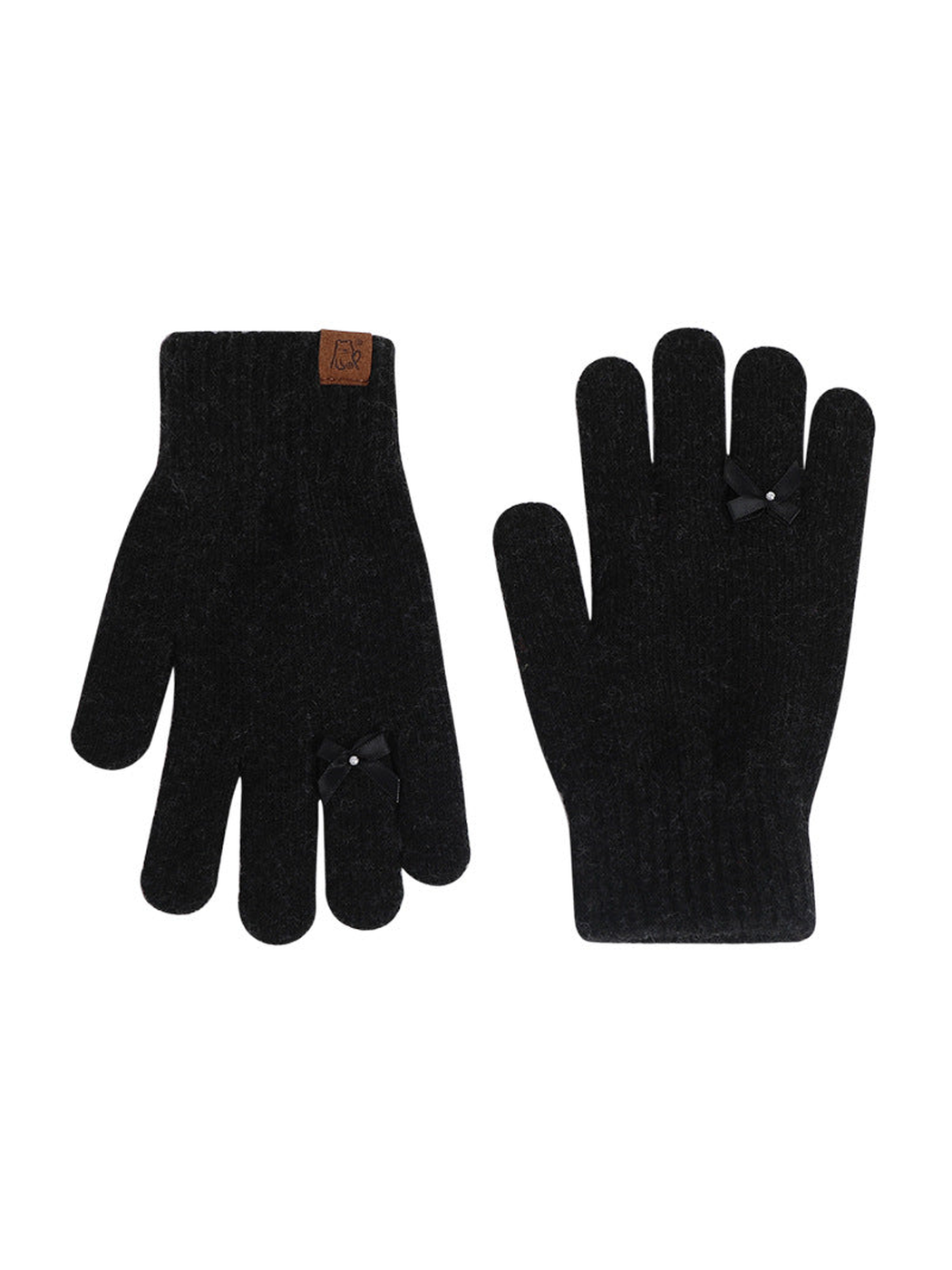 Black knit gloves with matching bow accents, front and back views