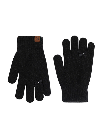 Black knit gloves with matching bow accents, front and back views