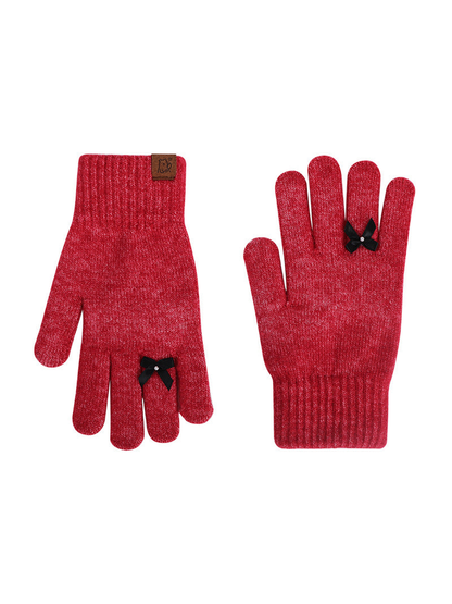 Red knit gloves with black bow accents, front and back views