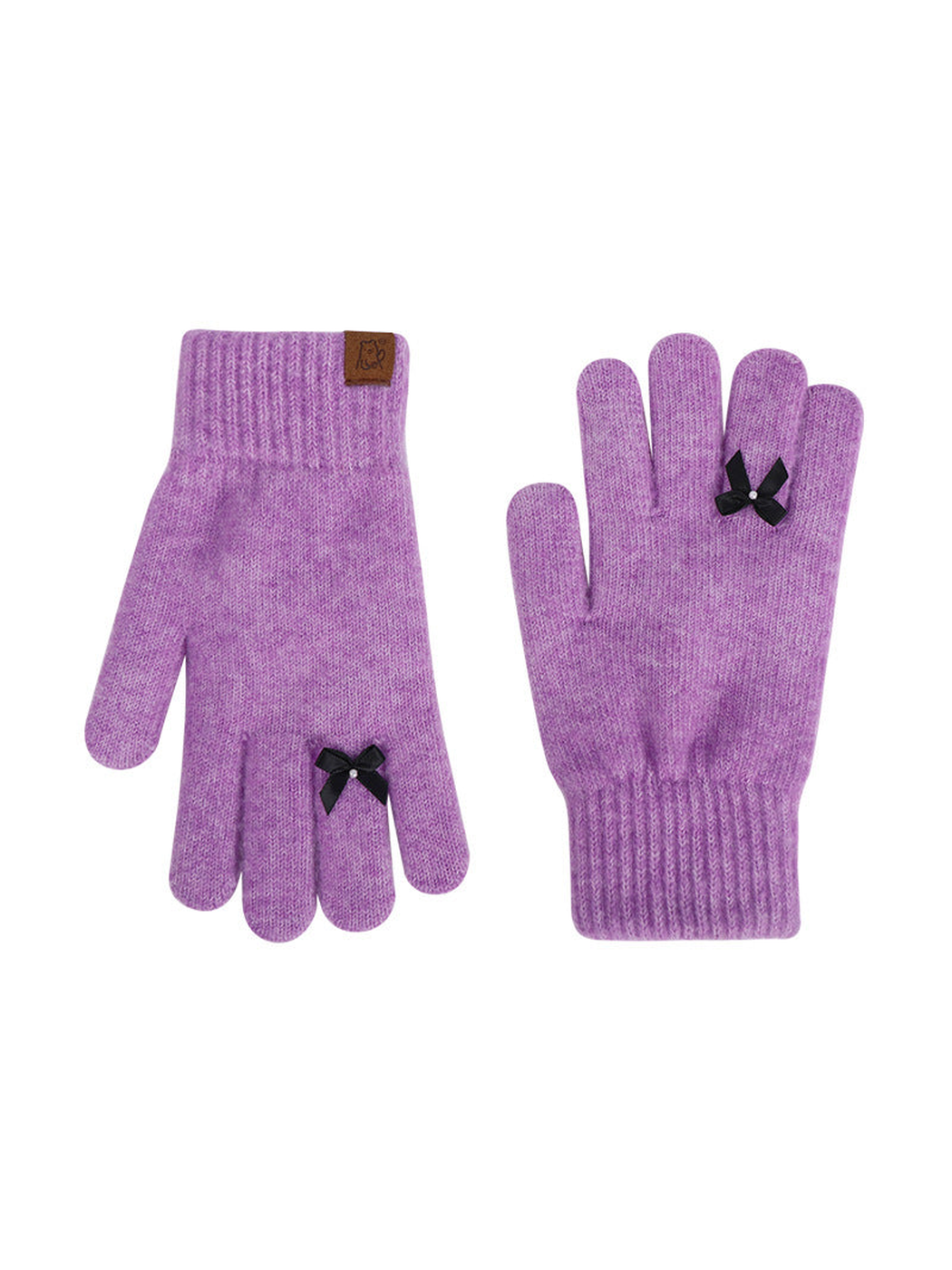 Light purple knit gloves with black bow accents, front and back views