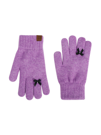Light purple knit gloves with black bow accents, front and back views