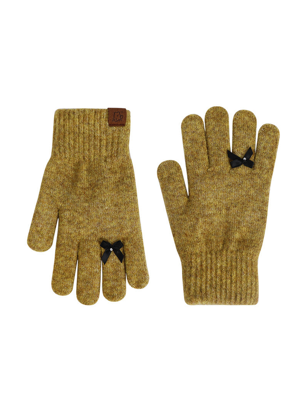 Mustard knit gloves with black bow accents, front and back views