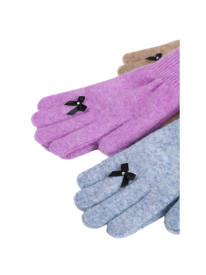 Close-up of black bow accents on purple and light blue knit gloves