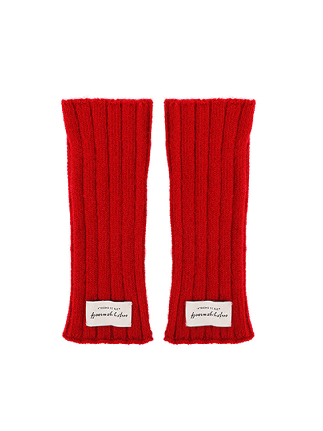 Red ribbed fingerless gloves, flat front view