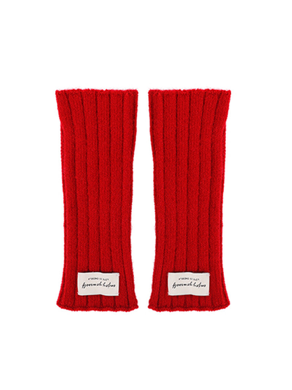 Red ribbed fingerless gloves, flat front view