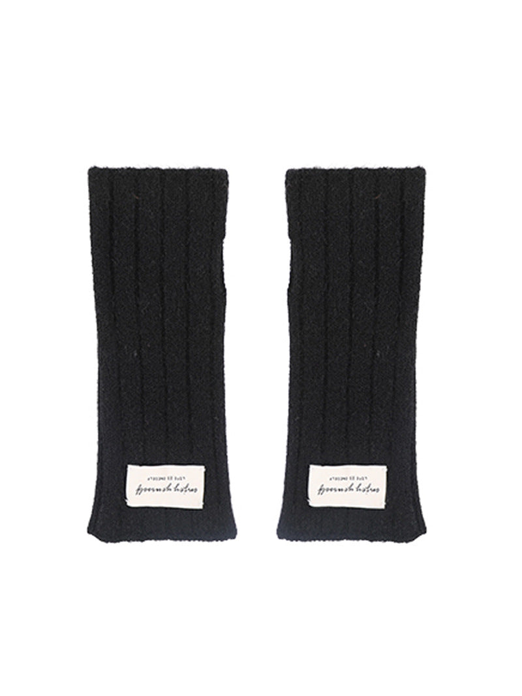 Black ribbed fingerless gloves, flat front view