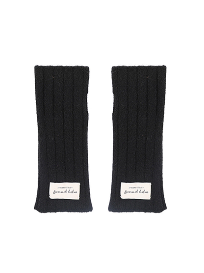 Black ribbed fingerless gloves, flat front view