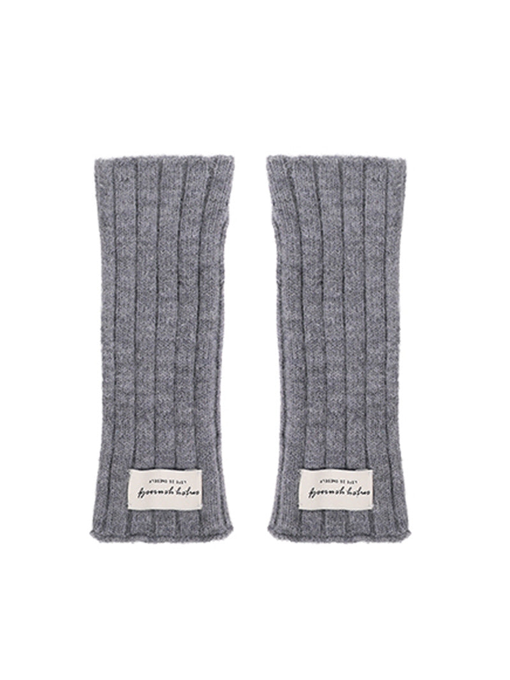 Gray ribbed fingerless gloves, flat front view