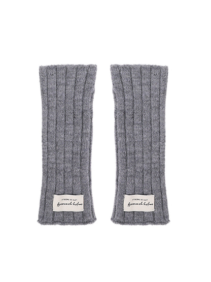 Gray ribbed fingerless gloves, flat front view