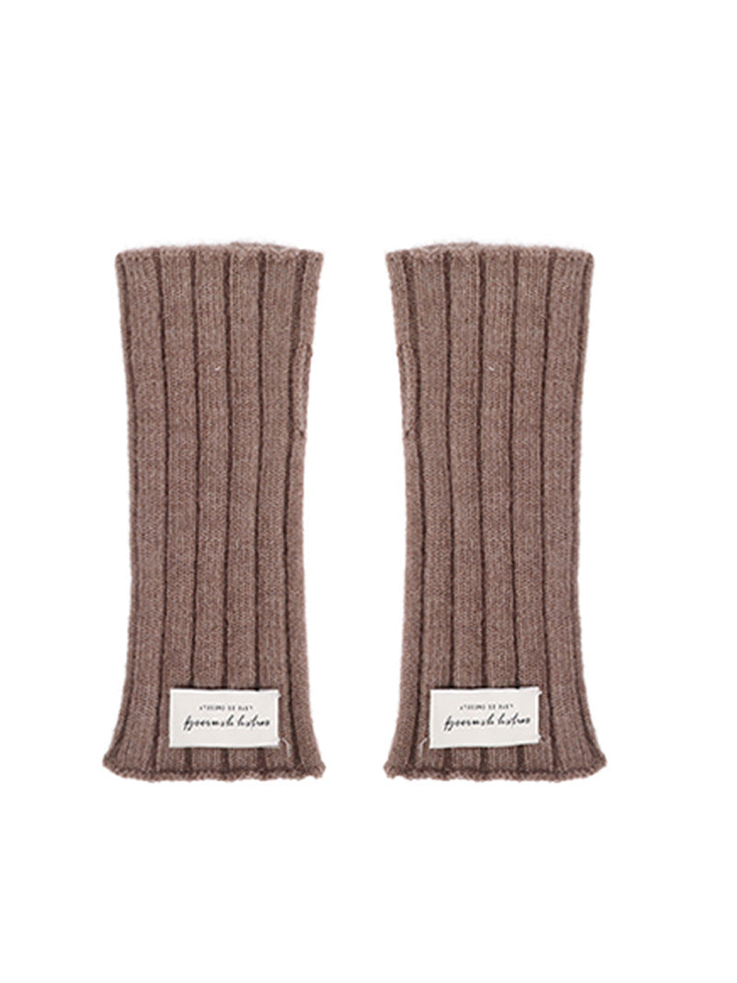 Light brown ribbed fingerless gloves, flat front view