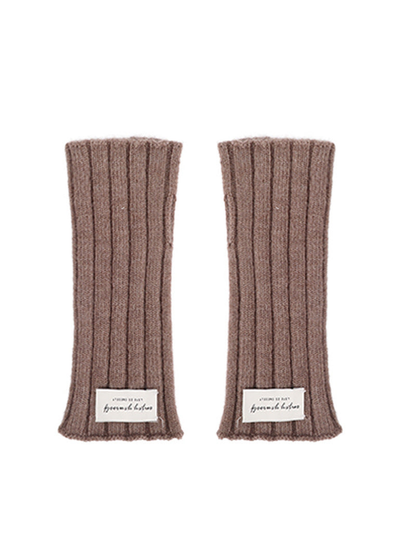 Light brown ribbed fingerless gloves, flat front view