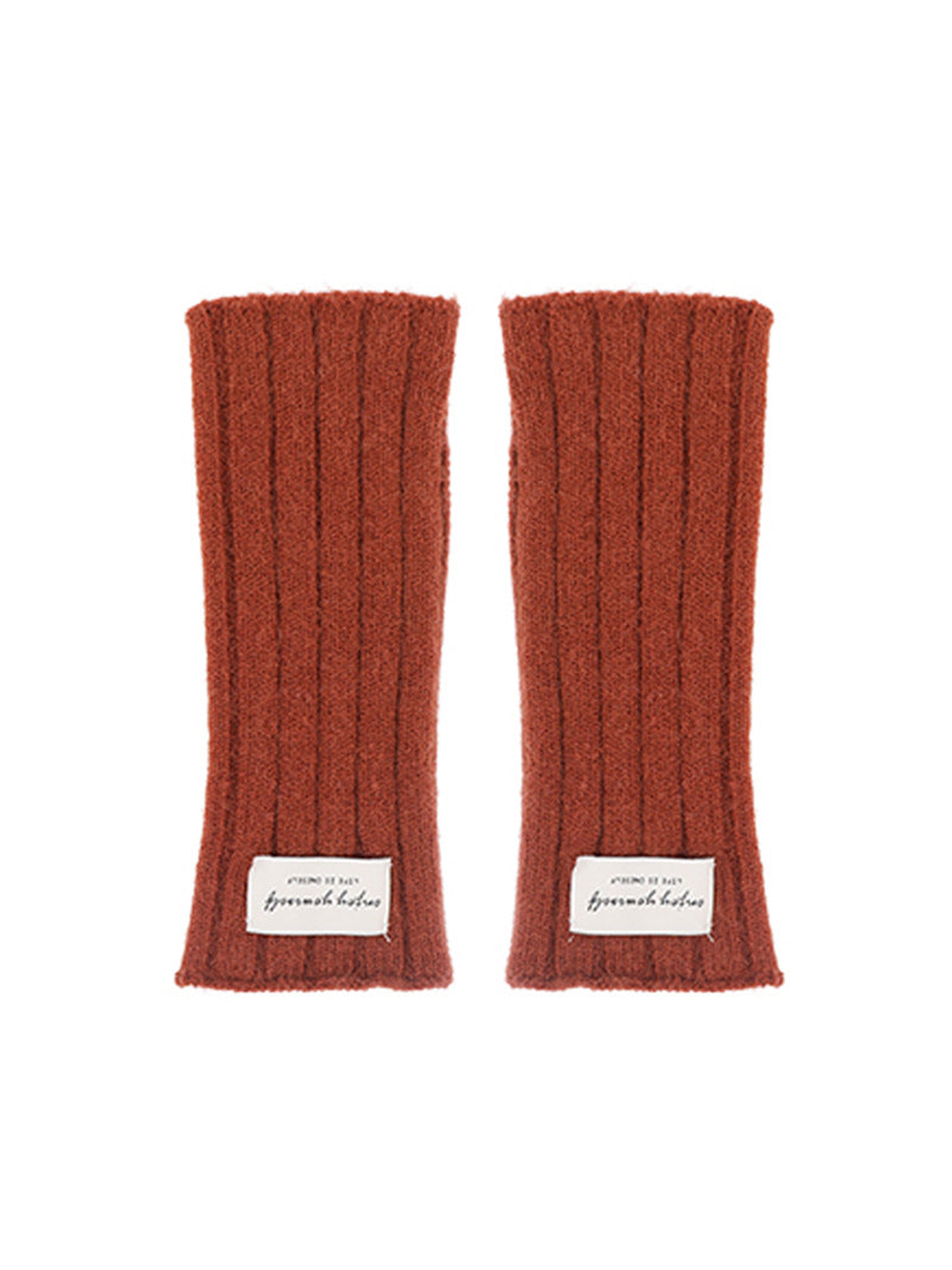 Rust brown ribbed fingerless gloves, flat front view