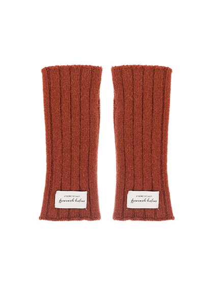 Rust brown ribbed fingerless gloves, flat front view