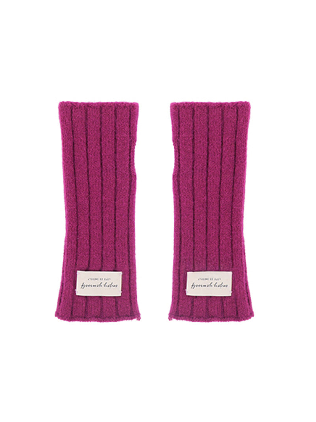 Purple ribbed fingerless gloves, flat front view