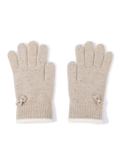 Beige speckled gloves with bow accents, front pair view