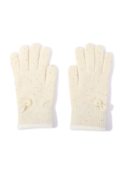Ivory speckled gloves with bow accents, front pair view