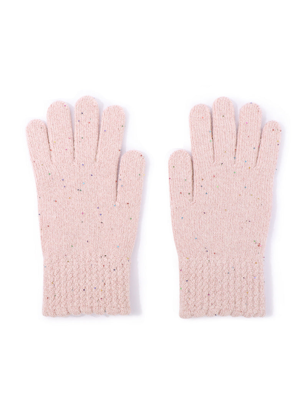 Light pink speckled gloves with textured cuffs, front pair view