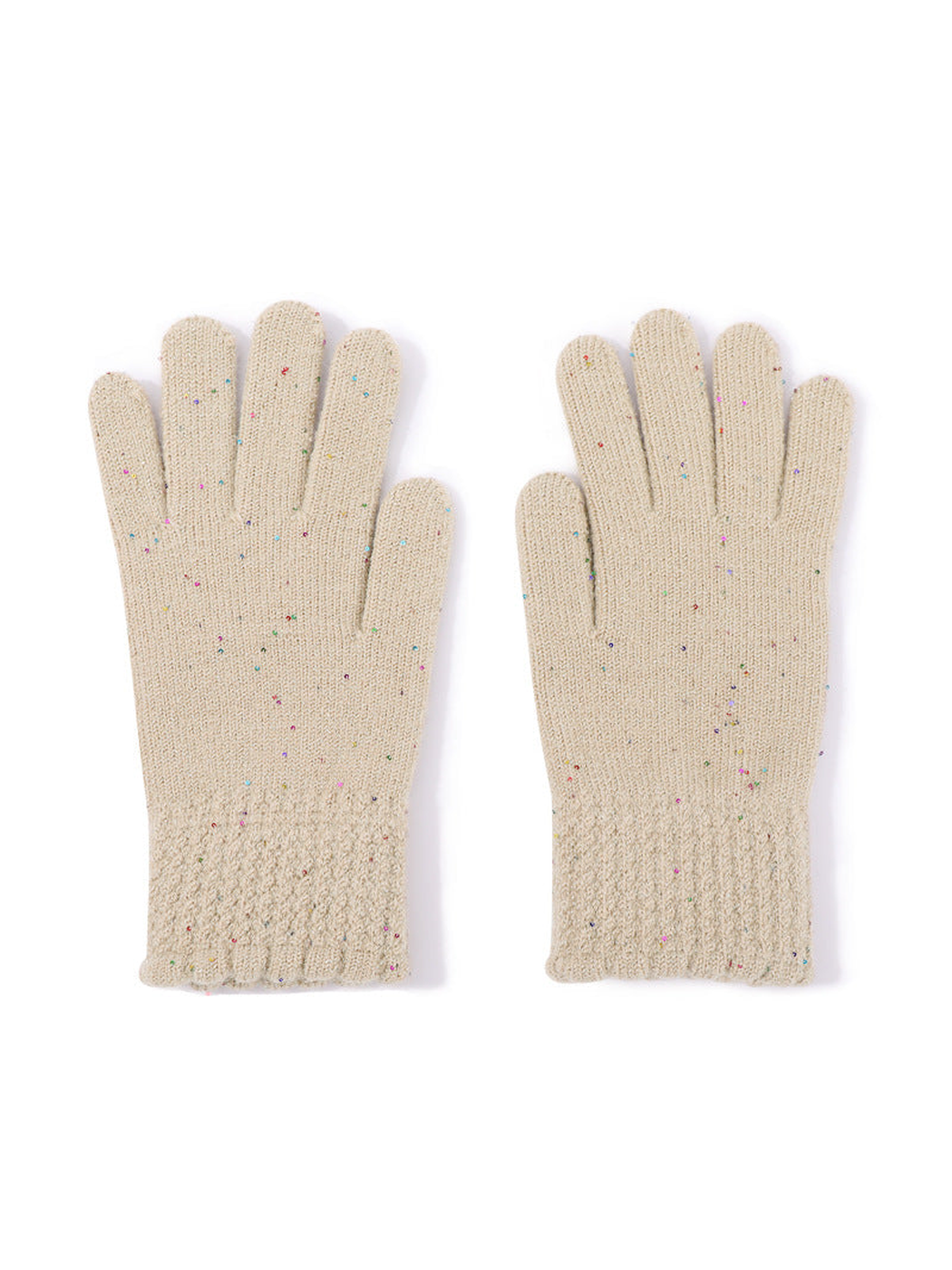 Beige speckled gloves with textured cuffs, front pair view