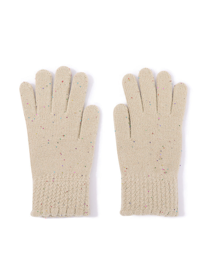 Beige speckled gloves with textured cuffs, front pair view