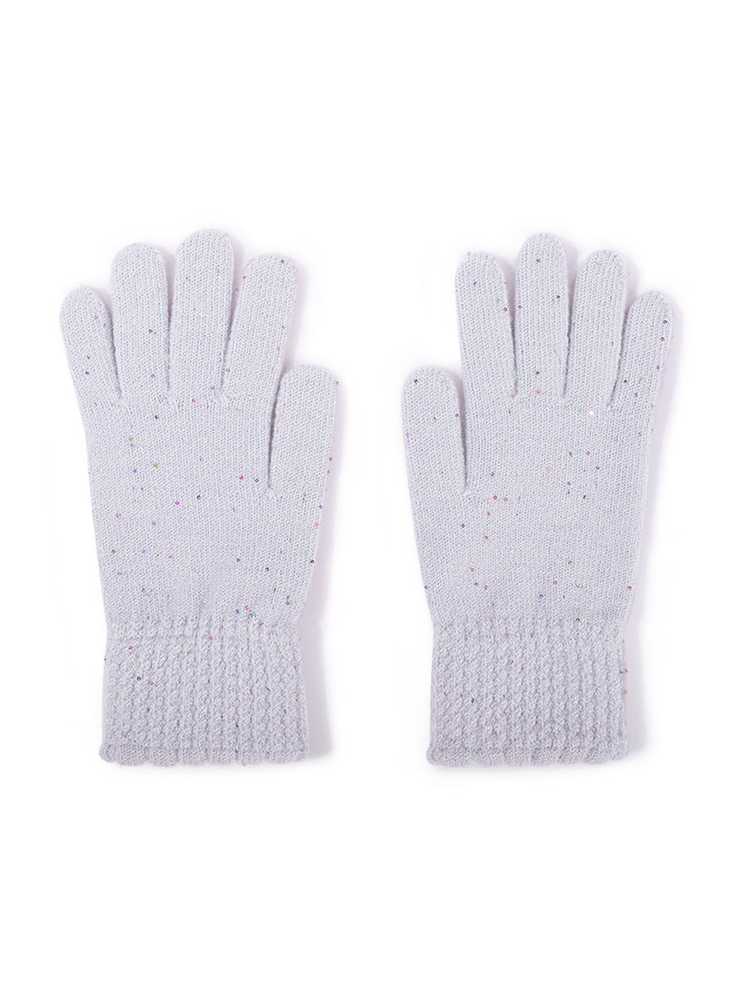 Light blue speckled gloves with textured cuffs, front pair view